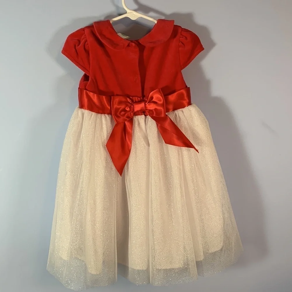 Little me red velvet Peter pan collar white tulle skirt silver glitter red bow